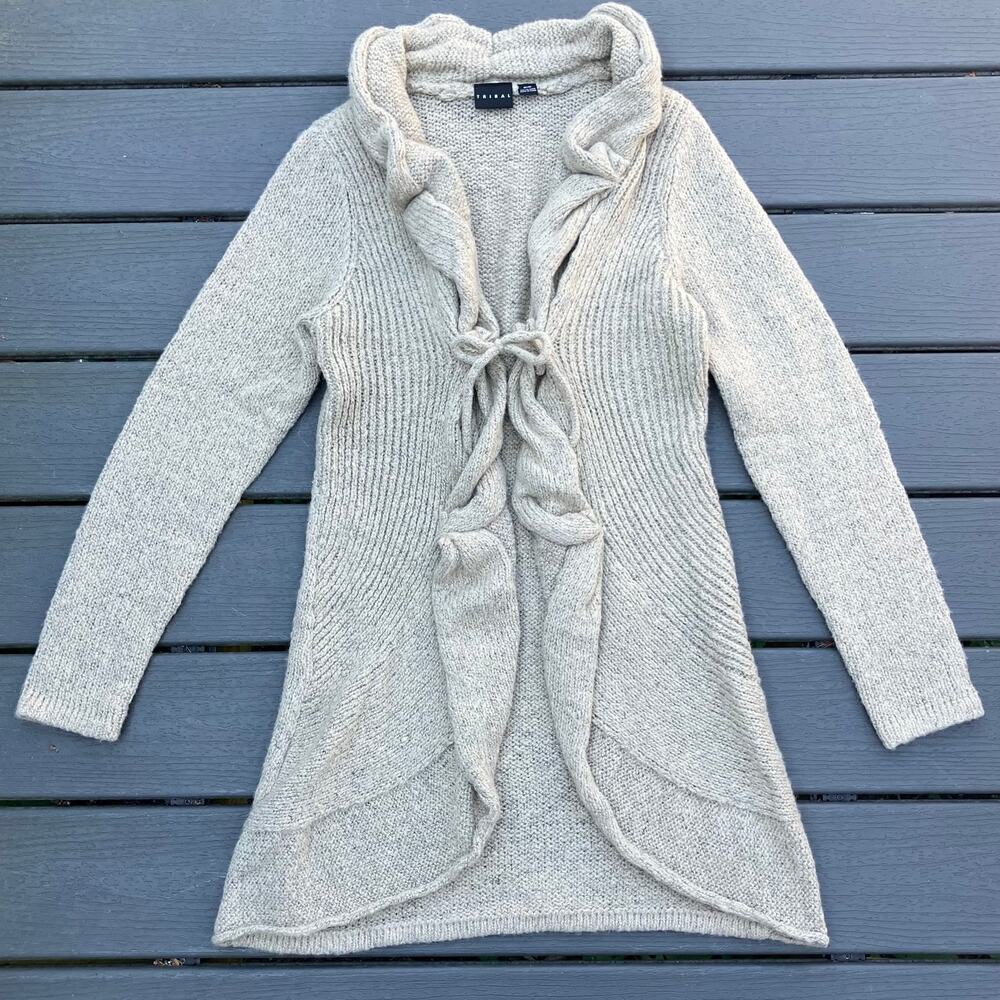 Gray beige long knit cardigan with ruffle tie front, cottagecore boho chic